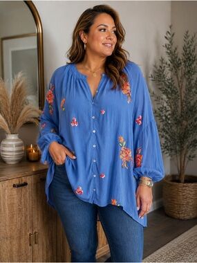 fig and flower Blue Floral Embroidered Button-Down Blouse